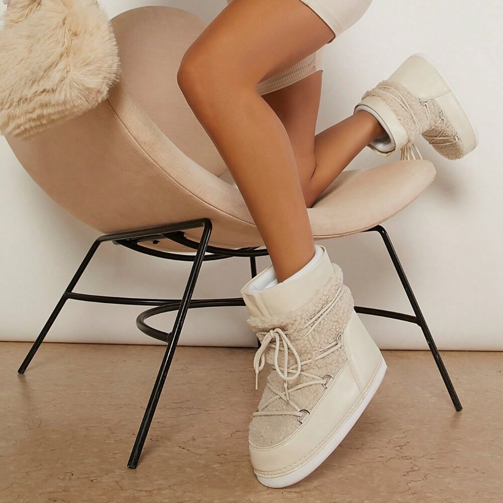 Beige Women's Faux fur Lace Up Round Toe Bootie Shoes